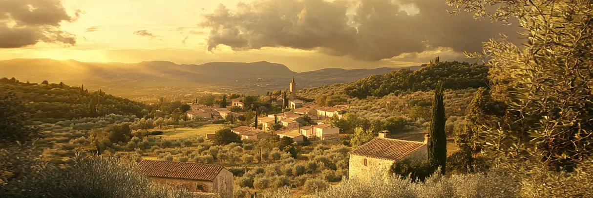 imaginary landscape of Provence, sunset light on hills and traditional houses